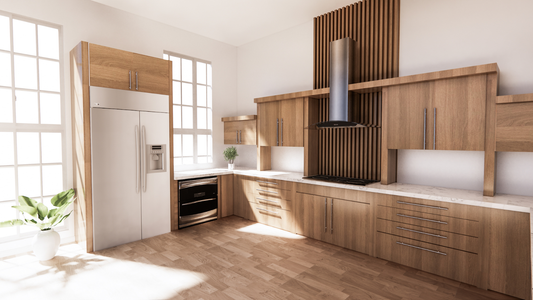 Modern Kitchen With Shaker-Style Wooden Cabinets, Stainless Steel Appliances, Marble Countertops, And Sleek Cabinet Hardware