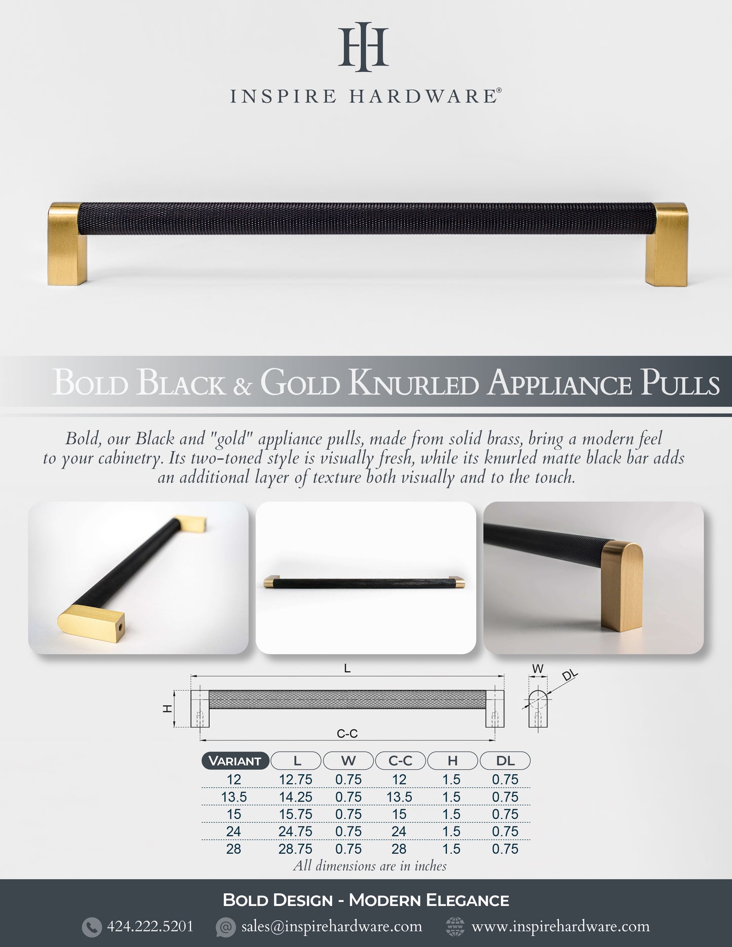 Bold, Black & Gold Knurled Solid Brass Appliance Pulls