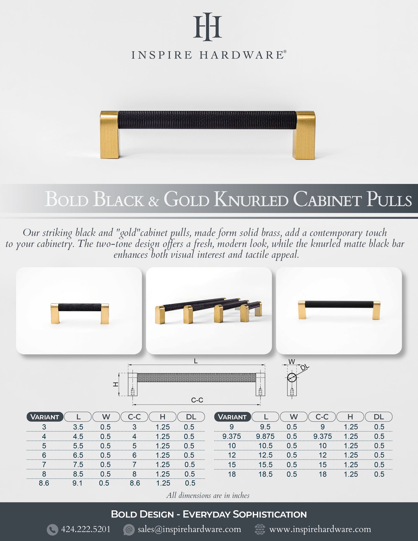 Bold, Solid Brass Black & Gold Knurled Cabinet Pulls