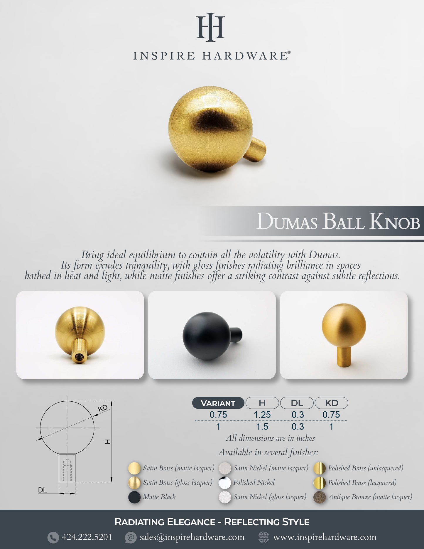 Dumas, perillas de bola de latón macizo