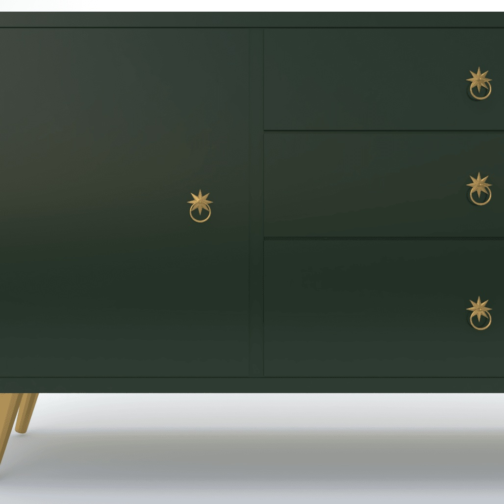 Star-shaped ring pulls fitted to dark green furniture drawers and doors.