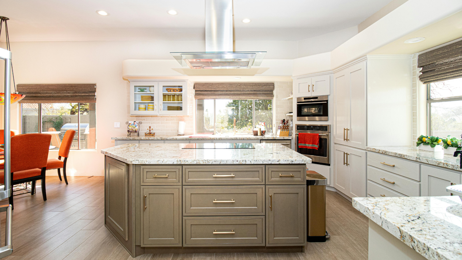 Modern kitchen interior with custom cabinetry and door handles