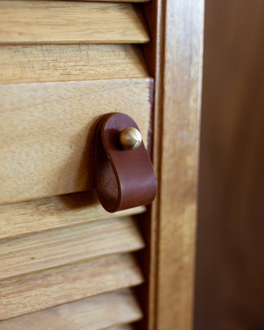 Brown leather loop and brass ball cabinet pull on a wood door