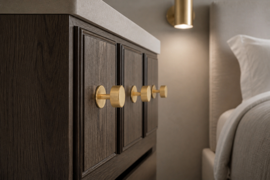 AI-assisted Ash Bedside concept showing Gateau knobs on a wood cabinet beside a bed