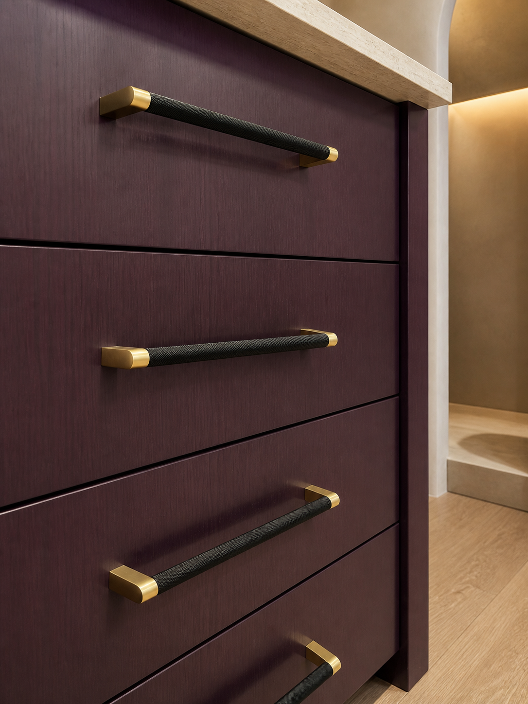 AI-assisted purple cabinet concept with Bold black and brass drawer pulls