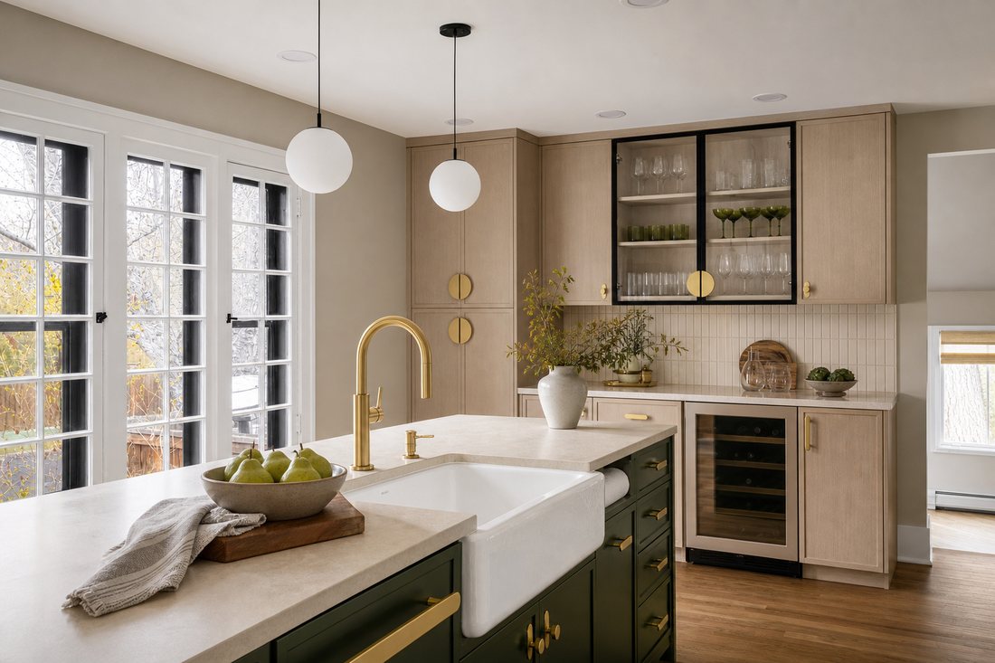 AI-assisted kitchen concept with Demi Lune pulls, Orbital knobs and Orbital cabinet pulls