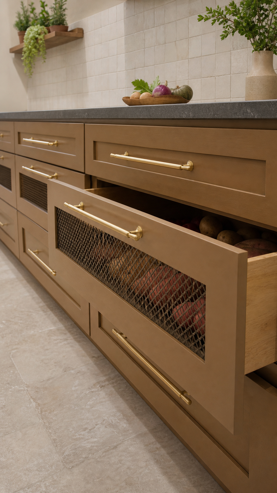 AI-assisted pantry concept with brass Tuxedo cabinet pulls