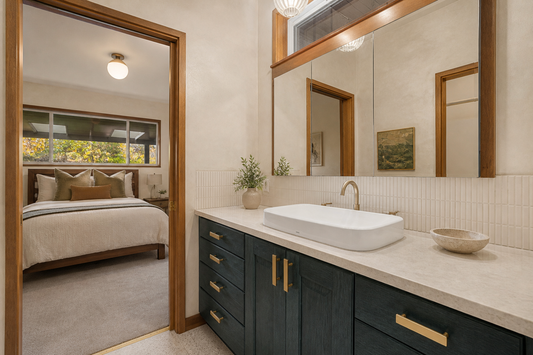 AI-assisted bathroom vanity concept with brass Auburn cabinet pulls