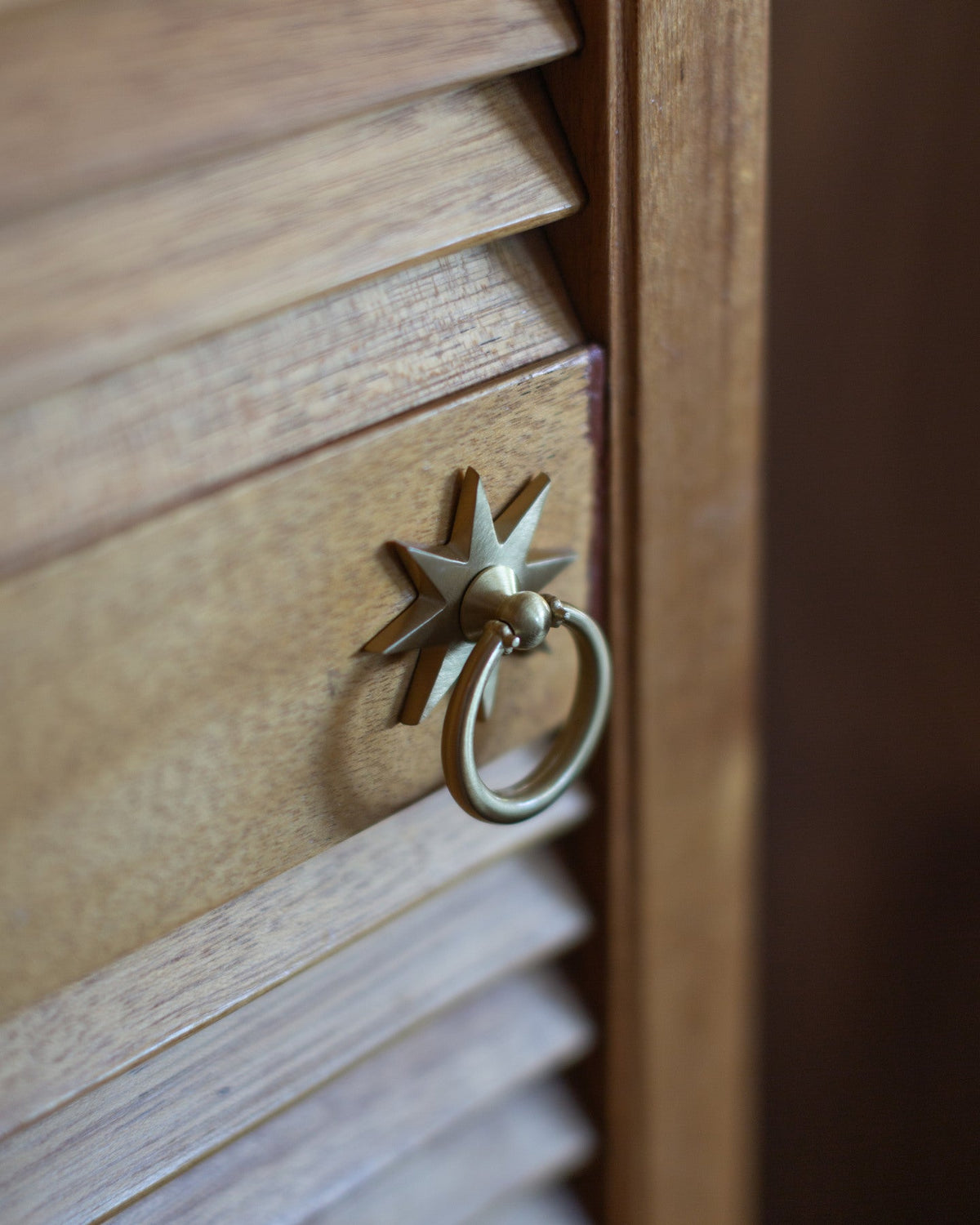 Orah ring pull and star-shaped backplate on a louvered wood cabinet door