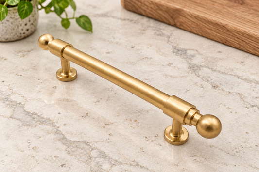 AI-assisted illustration of an uninstalled Inspire Bishop cabinet pull on natural stone