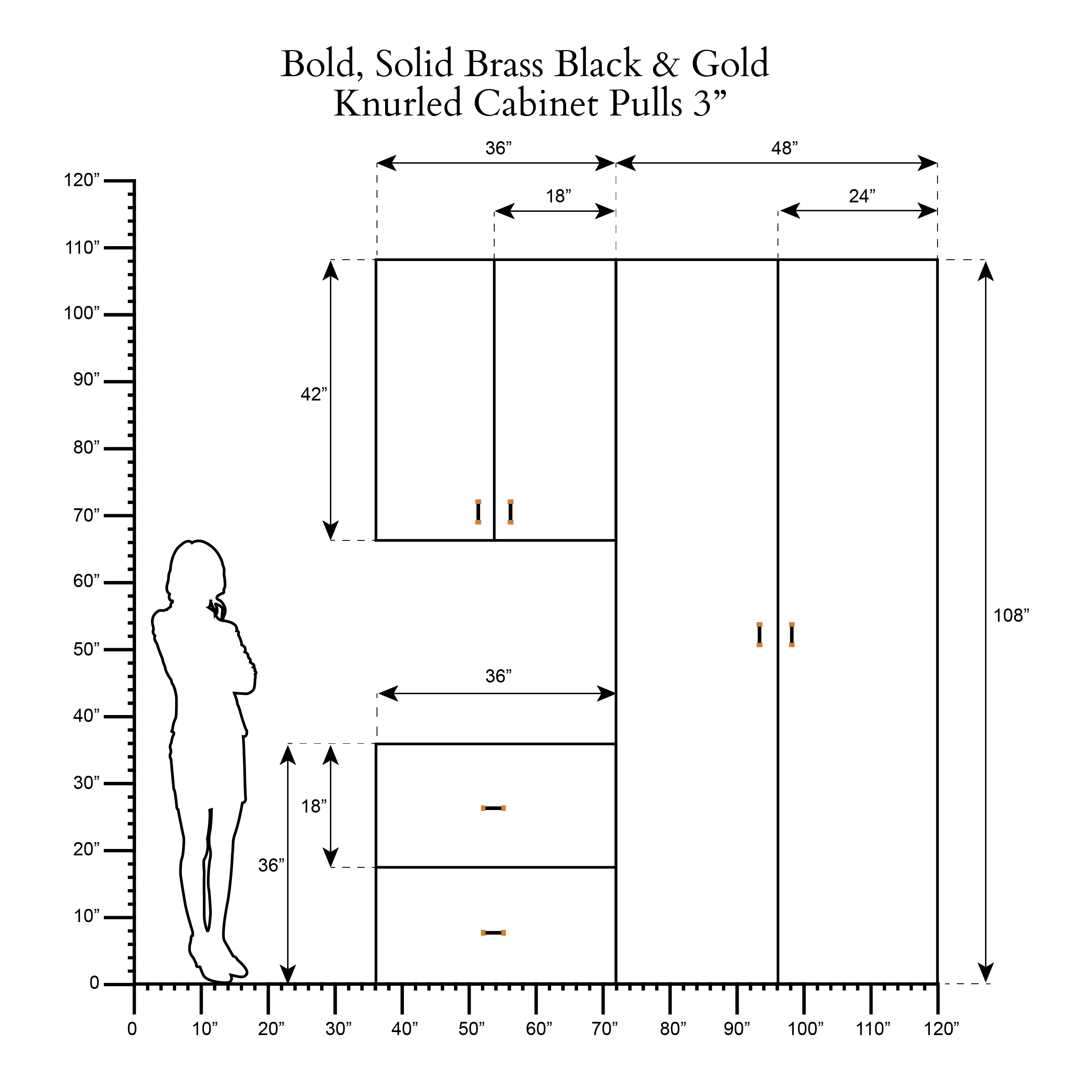 Bold, Solid Brass Black & Gold Knurled Cabinet Pulls