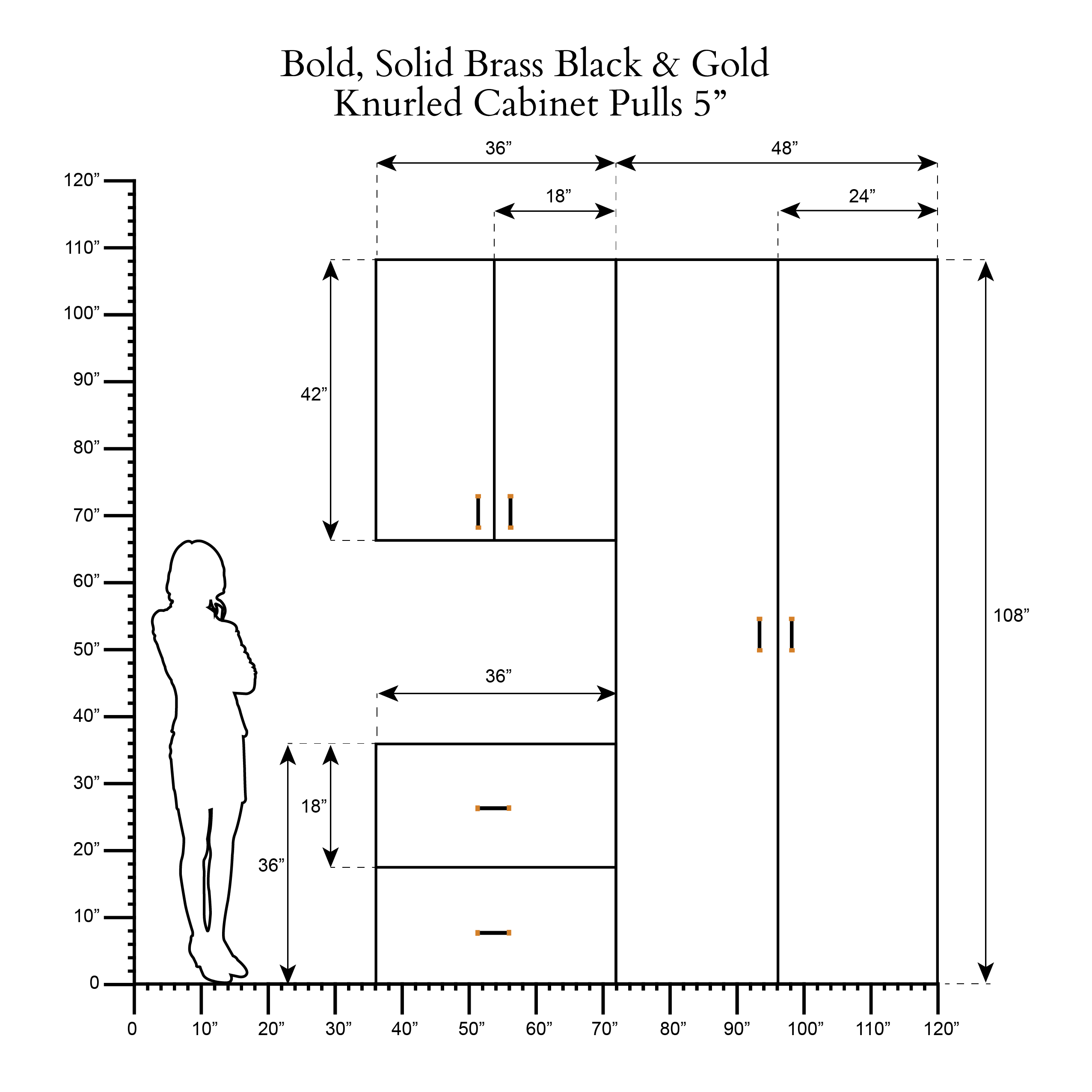 Bold, Solid Brass Black & Gold Knurled Cabinet Pulls