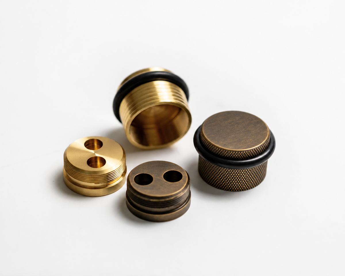 Bastion door stops in brass and Antique Bronze matte lacquer; AI-edited finish visualization