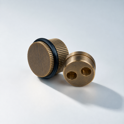 Bastion linear knurled door stop in Antique Bronze matte lacquer; AI-edited finish visualization