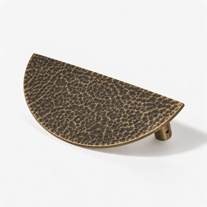 Hammered Demi Lune door handle in Antique Brass matte lacquer, 9-inch single large handle; AI-edited finish visualization