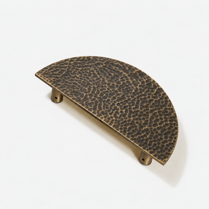 Hammered Demi Lune door handle in Antique Brass matte lacquer, 9-inch single large handle; AI-edited finish visualization