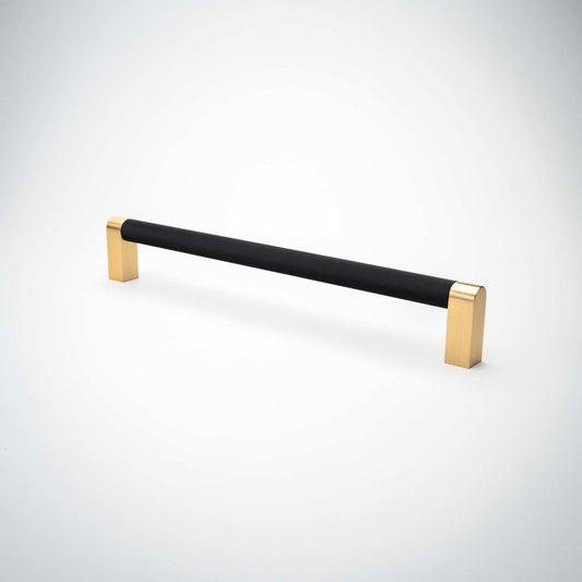 Bold, Black & Gold Knurled Appliance Pulls, showing black bar and contrasting brass-colored mounting feet.