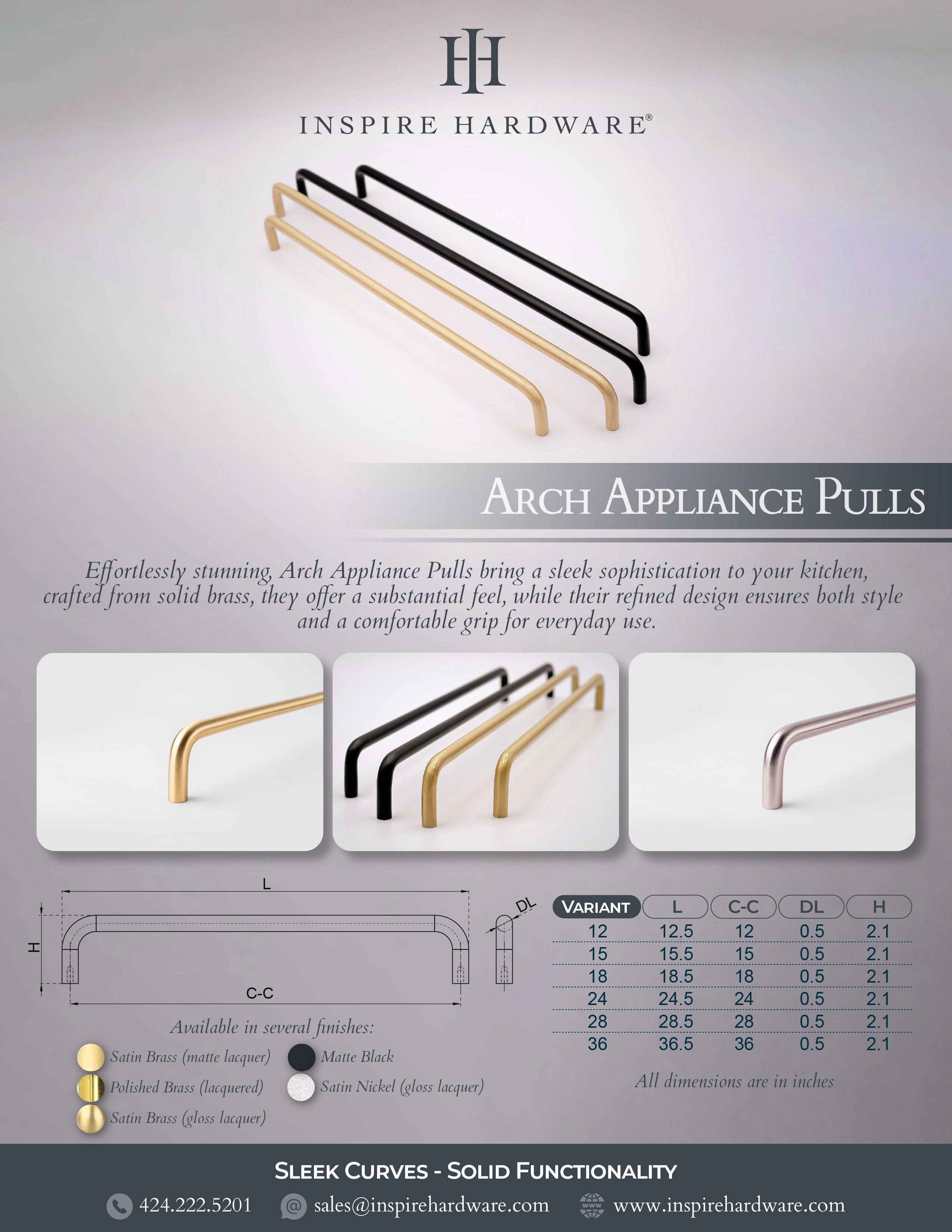 Catalog page for Arco, tiradores de electrodomésticos de latón macizo.