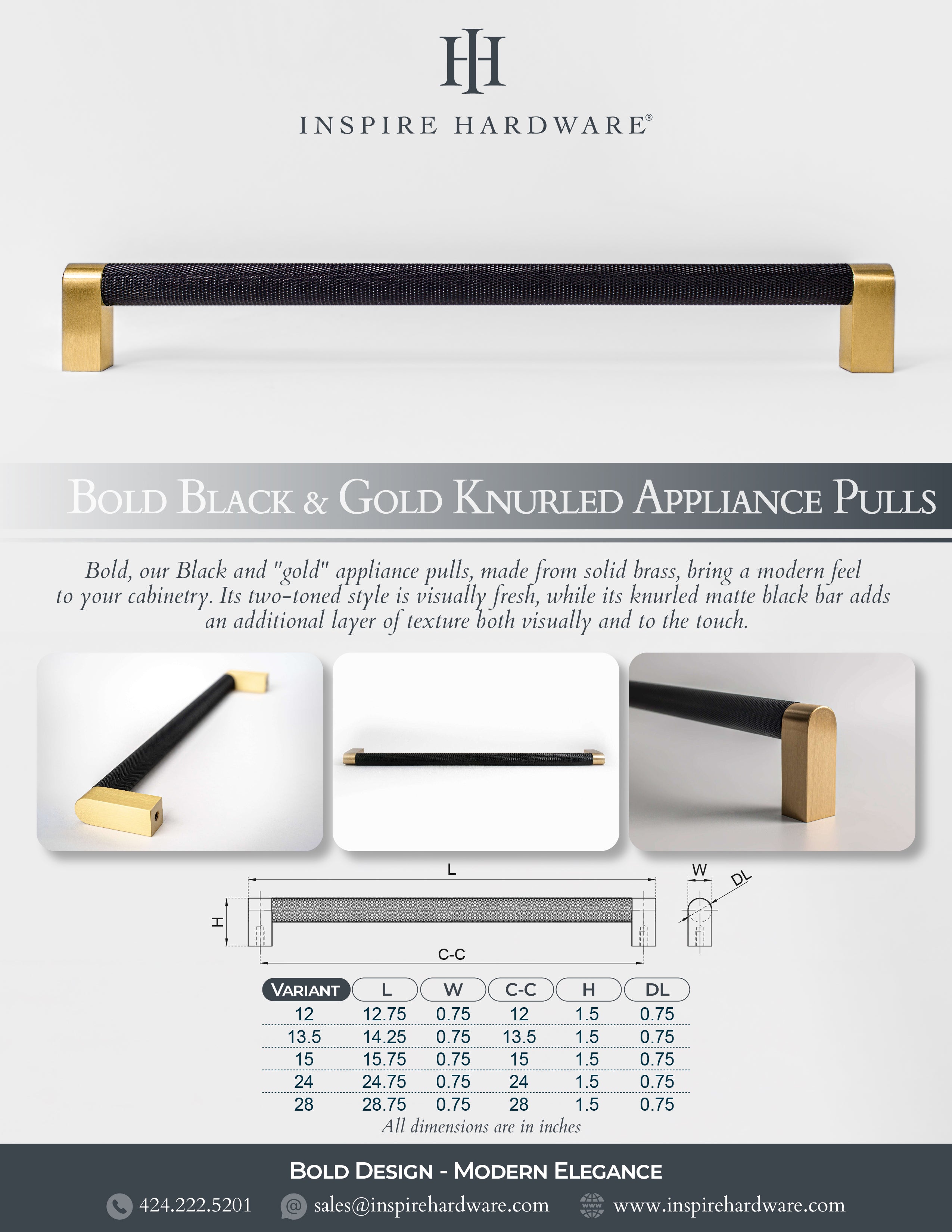 Catalog page for Bold, Black & Gold Knurled Solid Brass Appliance Pulls